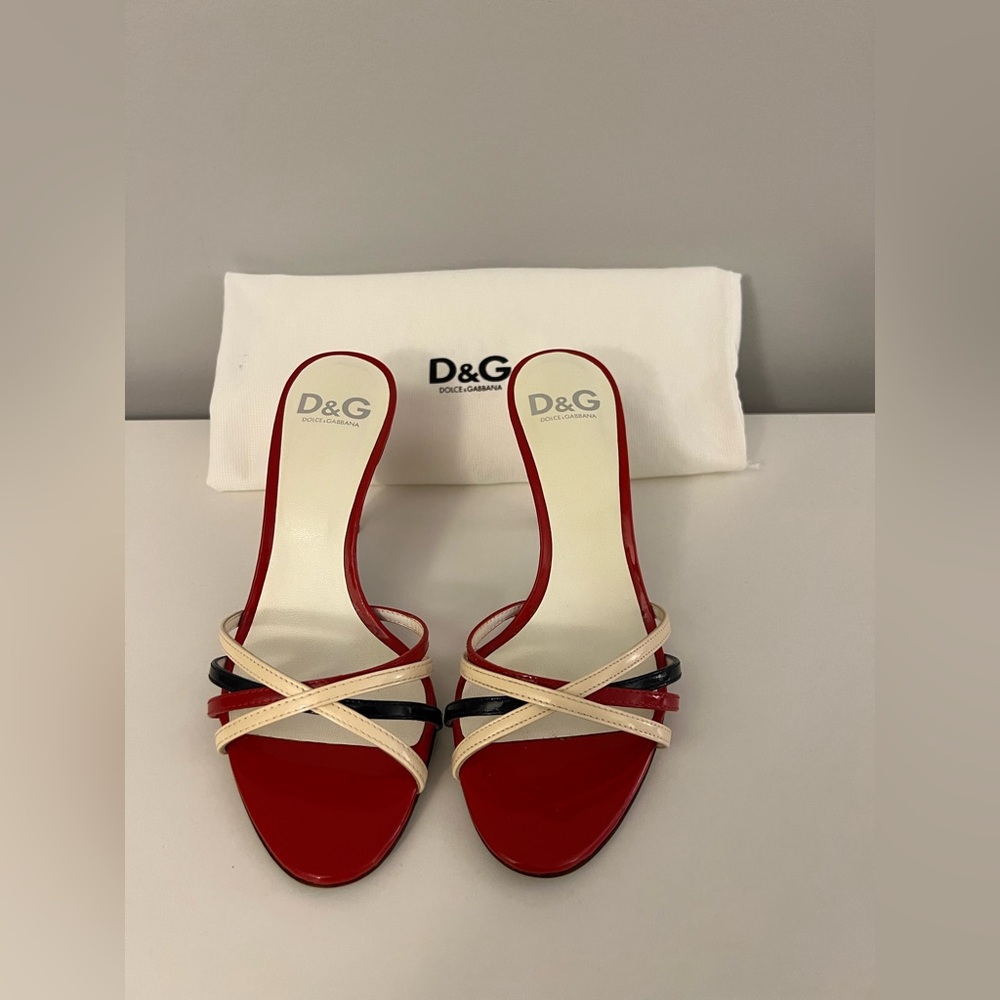 Dolce & Gabbana Red, White and Blue Patent Leather Heeled Mules, Size 6